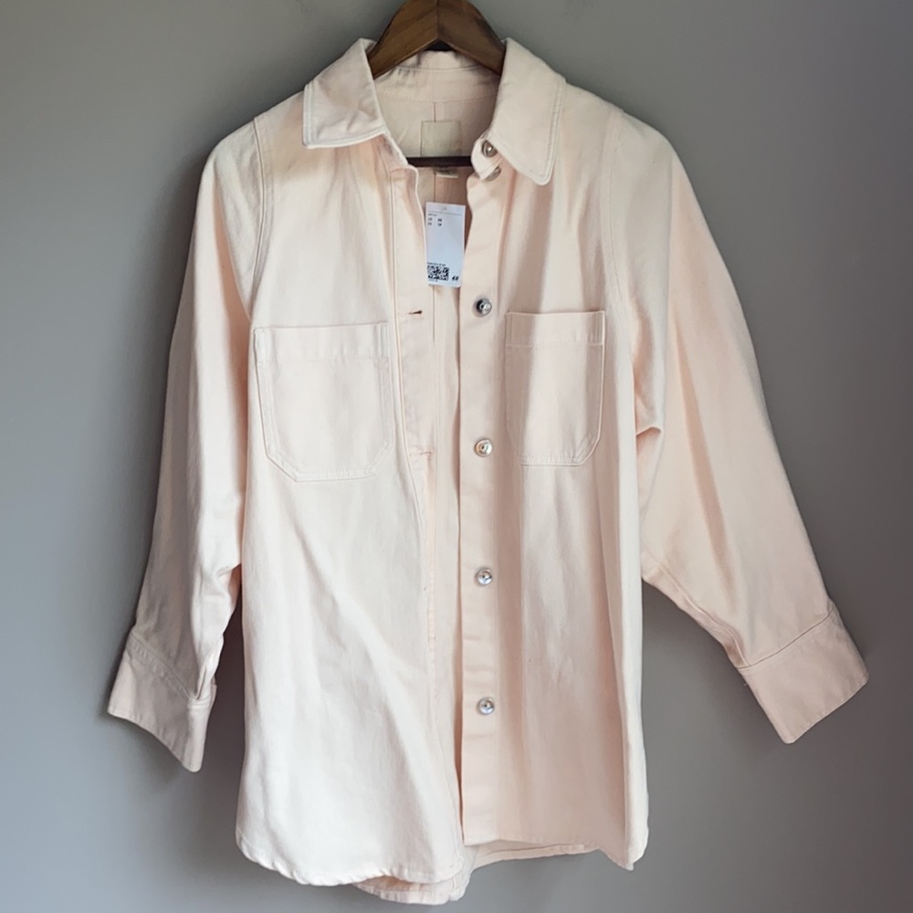 H&M NWT Long Denim Shirt Jacket Light Pink XS - Picture 2 of 6